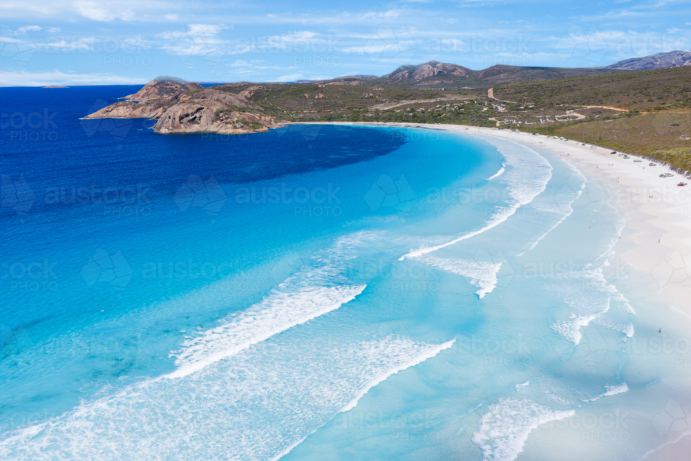 Aerial view over the stunning blue ocean and white sandy beach of Lucky Bay Esperance - Australian Stock Image