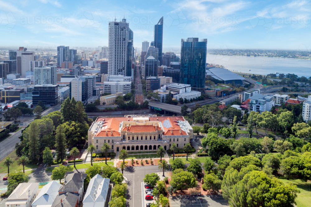 Aerial view over Western Australian Parliament House & City Of Perth - Australian Stock Image