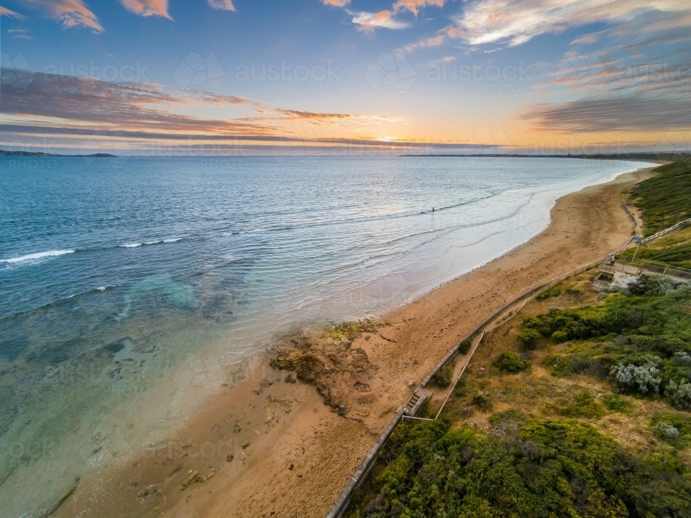 Aerial view overlooking a Queenscliff and Port Phillip Bay at sunset - Australian Stock Image