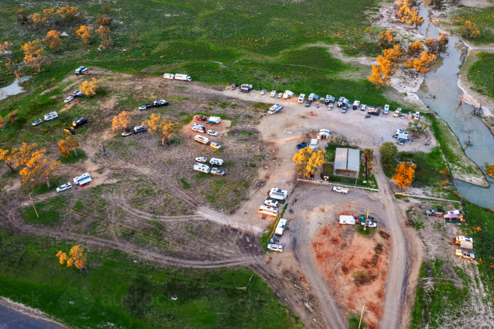 Aerial view showcasing the Pilliga Artesian Bore Baths and surrounding campground. - Australian Stock Image