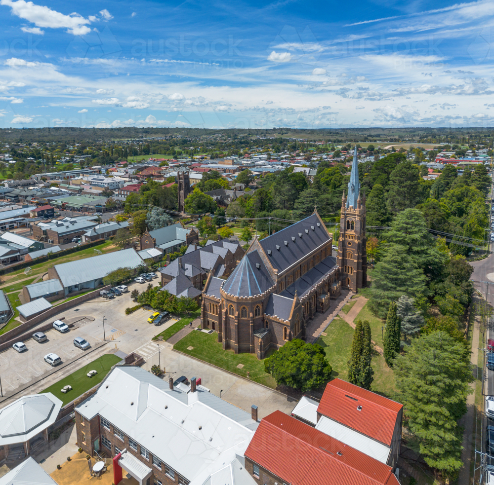 Aerial view St Mary and St Joseph Cathedral in Australian countryside town Armidale - Australian Stock Image