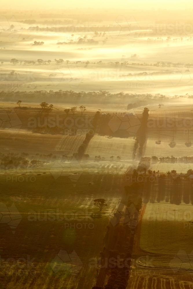 Aerial view with morning fog over the Avon Valley - Australian Stock Image