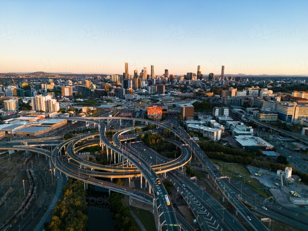 Image of Aerial views of the Inner City Bypass and city of Brisbane Austockphoto
