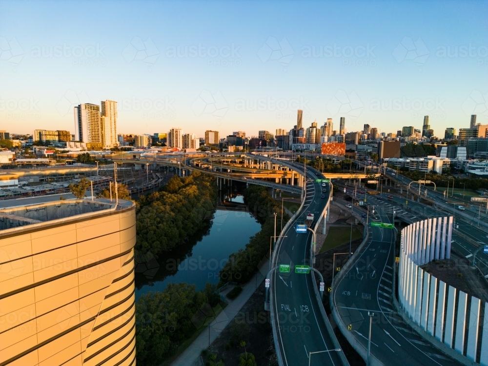 Image of Aerial views of the Inner City Bypass and city of Brisbane Austockphoto
