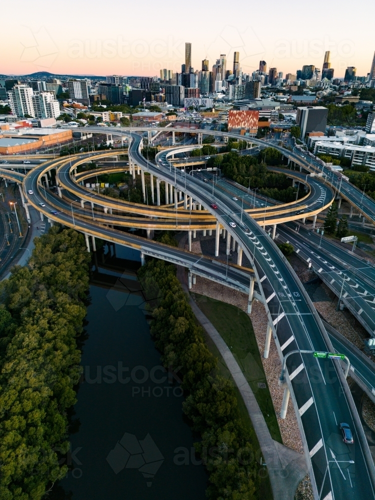 Image of Aerial views of the Inner City Bypass and city of Brisbane Austockphoto
