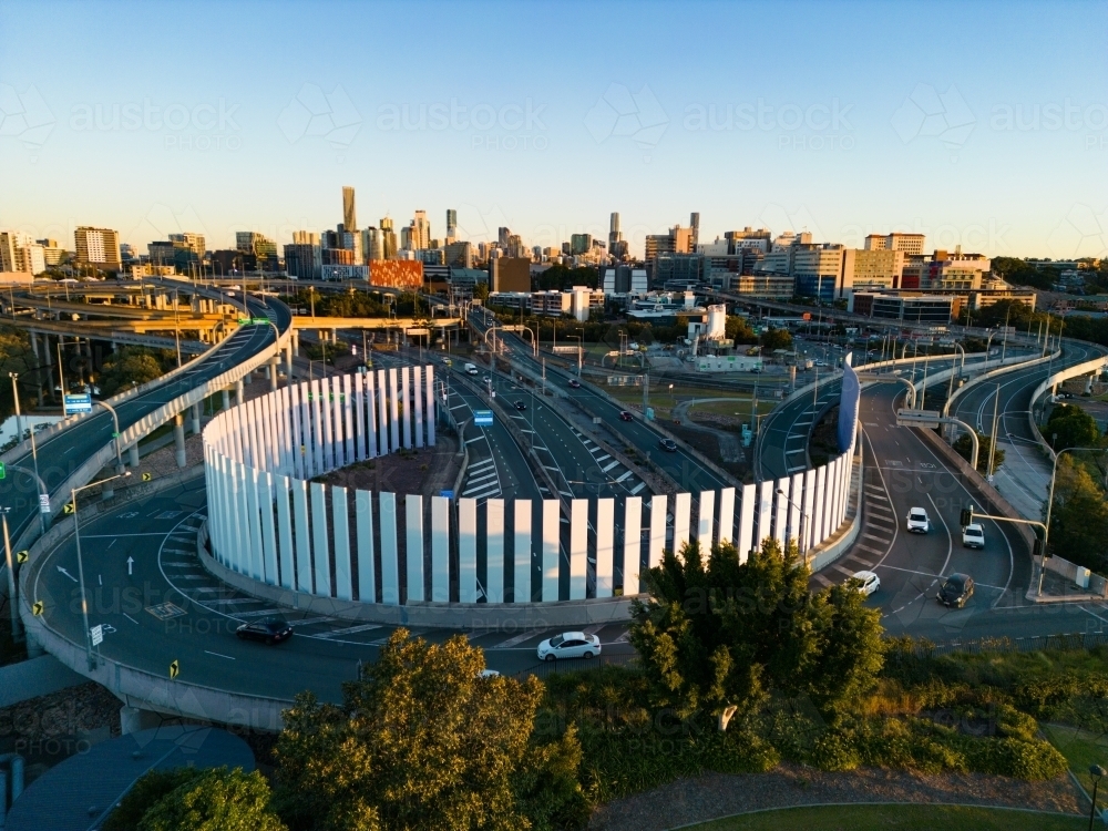 Image of Aerial views of the Inner City Bypass and city of Brisbane Austockphoto