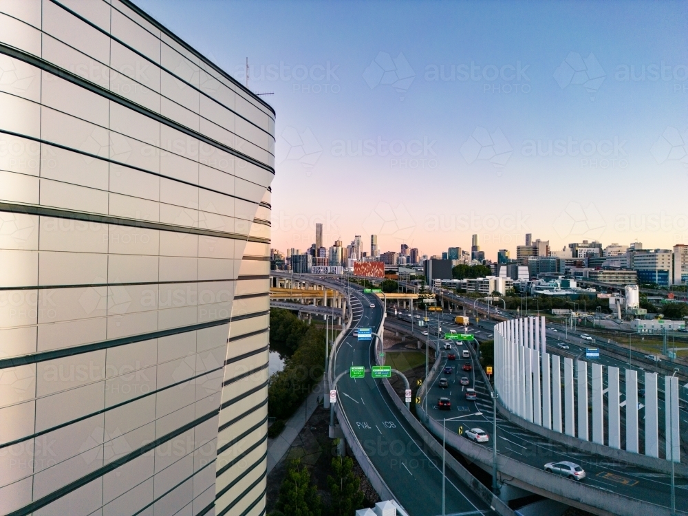Image of Aerial views of the Inner City Bypass and city of Brisbane Austockphoto