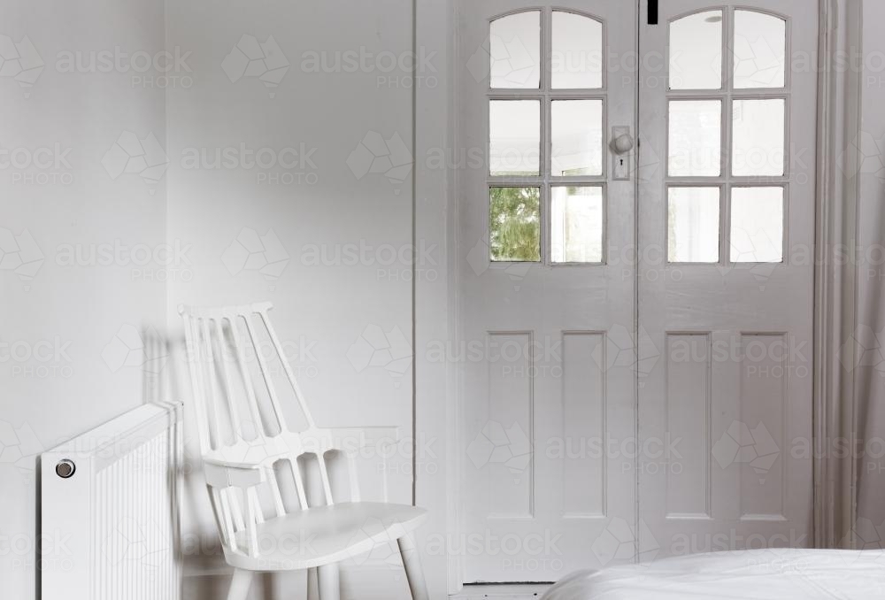 All white interior and decor in a bedroom : Austockphoto All white interior and decor in a bedroom - Australian Stock Image