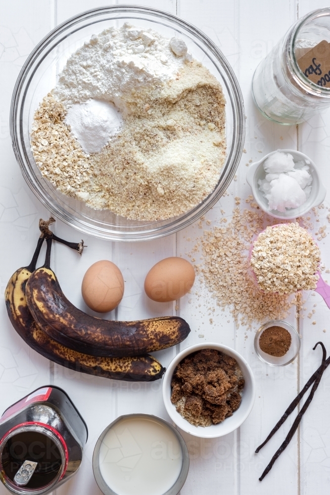 allergy friendly ingredients for making banana bread - Australian Stock Image
