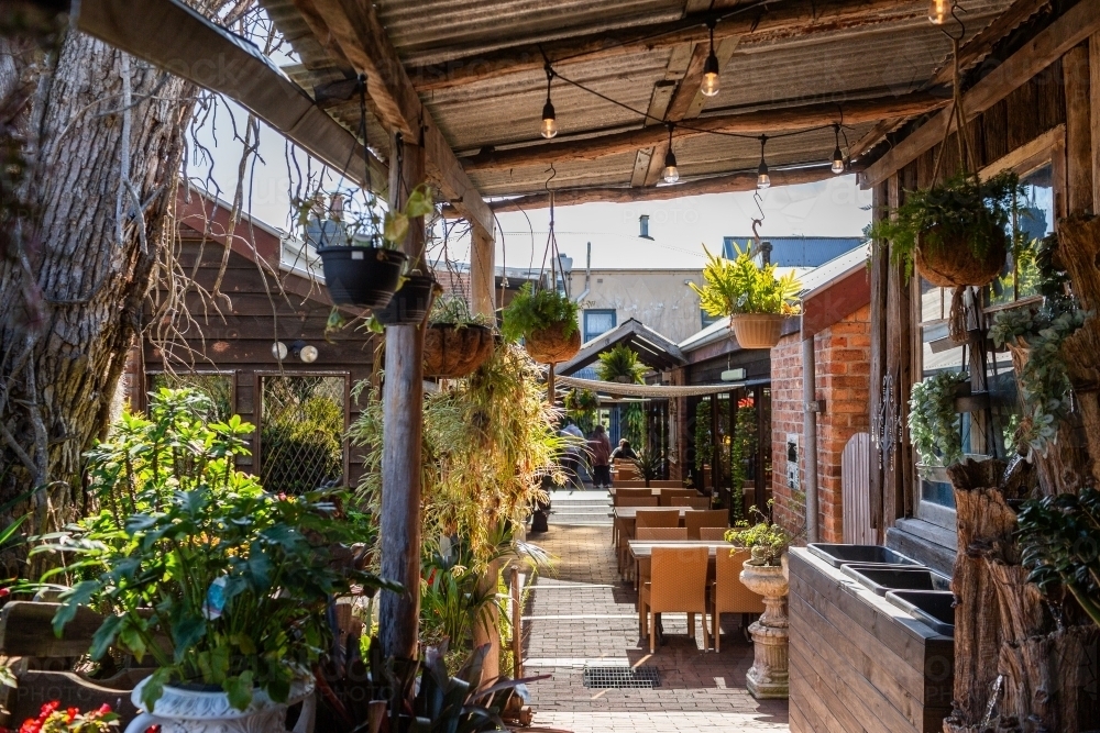 Alleyway outside shops filled with greenery and hanging plants by café - Australian Stock Image