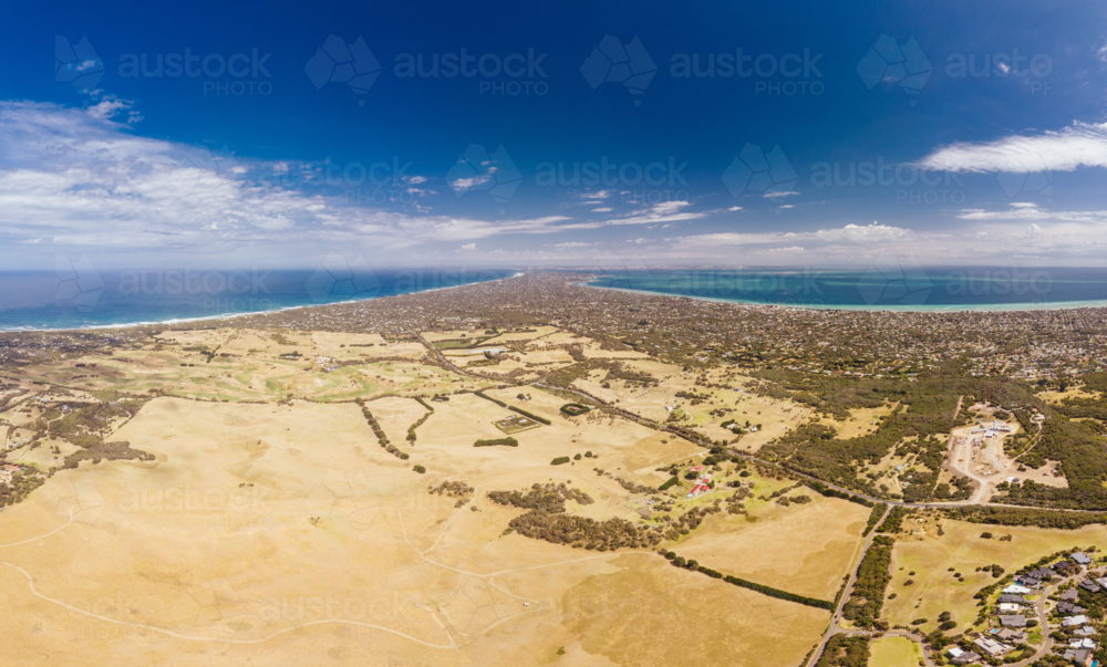 An aerial shot of Mornington Peninsula towards Point Nepean and Port Phillip Bay from Fingal - Australian Stock Image