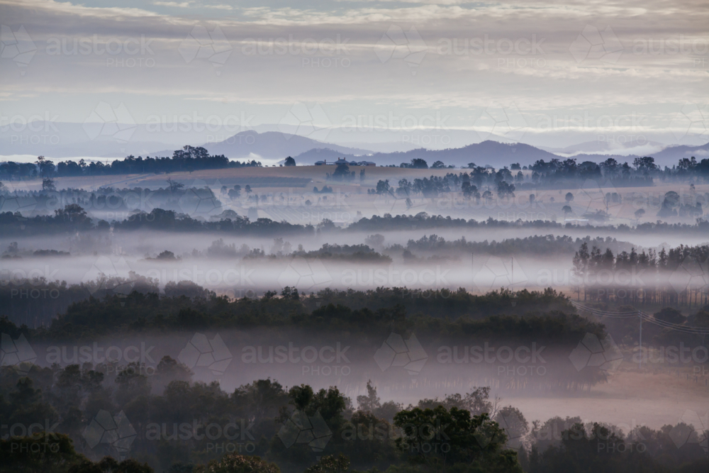 An aerial view across a valley at sunrise in the Hunter Valley, New South Wales, Australia - Australian Stock Image