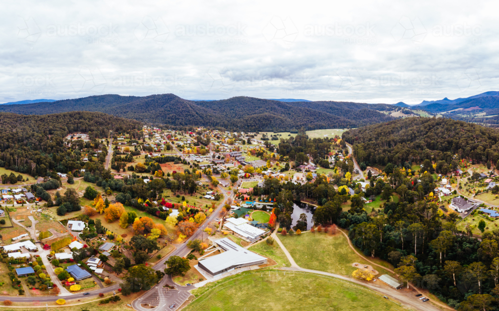 An aerial view from a drone on a cool autumn day over Marysville, Victoria, Australia - Australian Stock Image