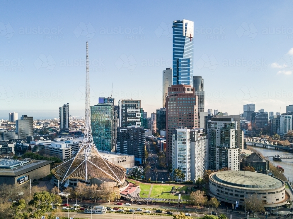 An aerial view of Melbourne skyscrapers looking West - Australian Stock Image