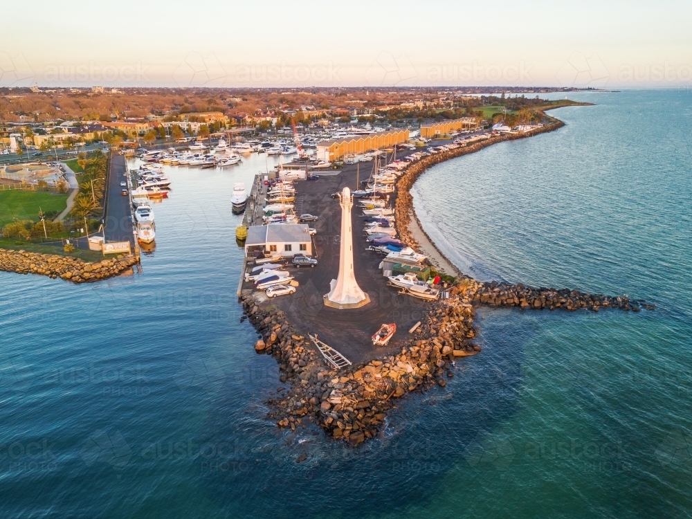 An aerial view of the St Kilda Lighthouse and marina - Australian Stock Image