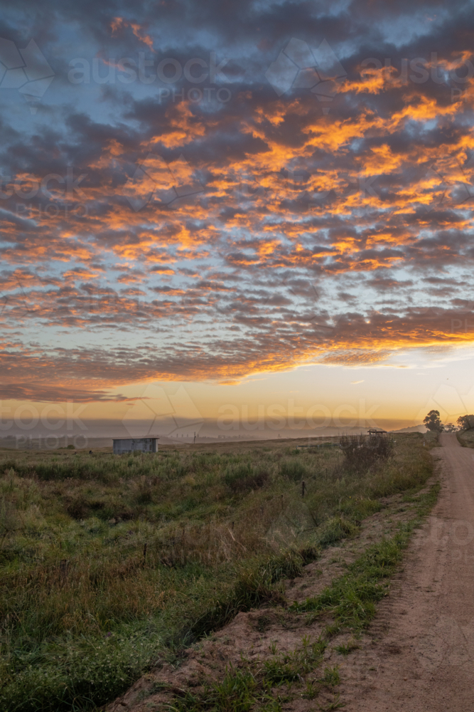 An early morning, a colourful dawn sky, and a country road - Australian Stock Image