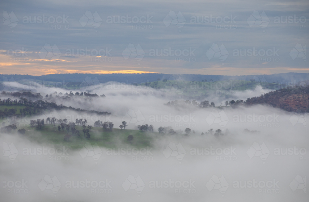 An early morning country scene underneath dawn skies with a low lying mist - Australian Stock Image