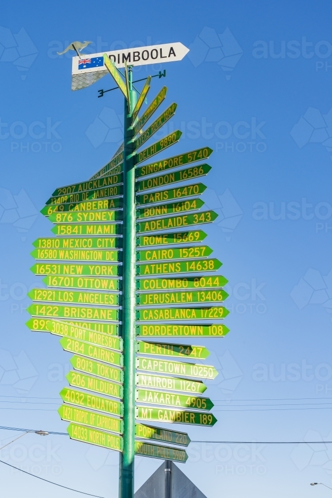 An elaborate green signpost against a blue sky - Australian Stock Image