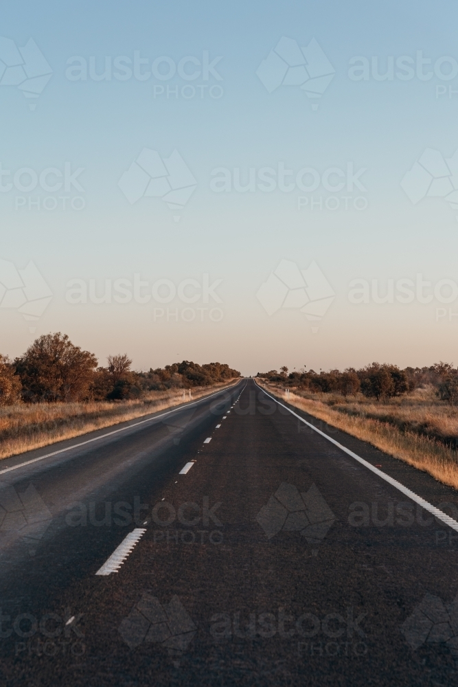 An empty road with dry grasses and shrubs on both sides. - Australian Stock Image