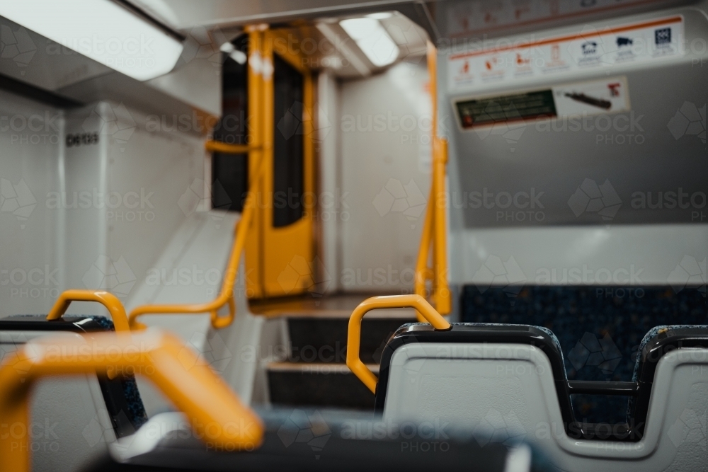 An empty train carriage on a Sydney city train - Australian Stock Image