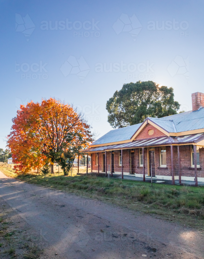 An old brick railway building with an autumn tree - Australian Stock Image