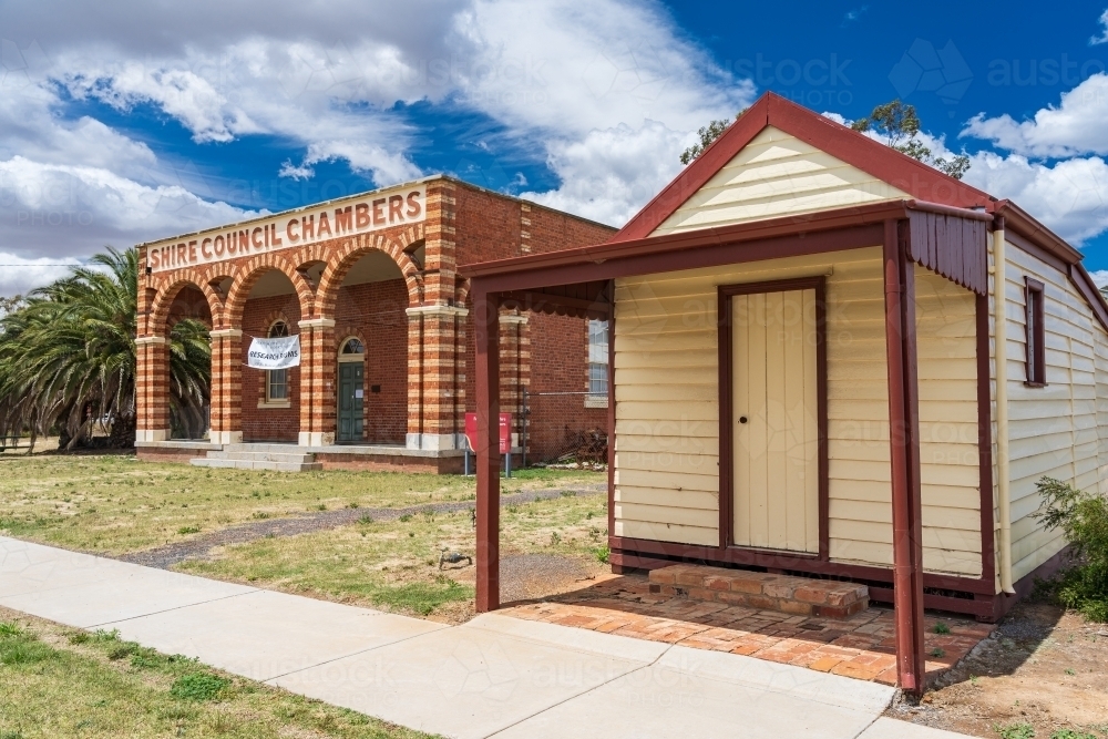 An old wooden shop and Council Chambers in a rural town - Australian Stock Image
