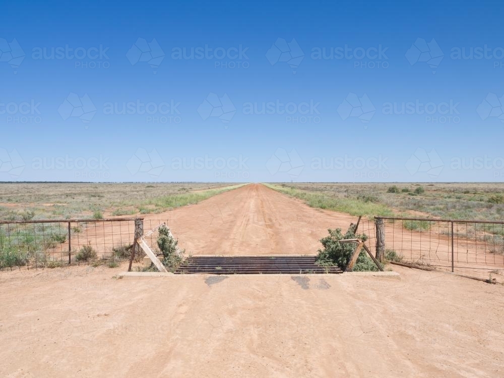 Animal grid and fence across dirt road in flat landscape - Australian Stock Image