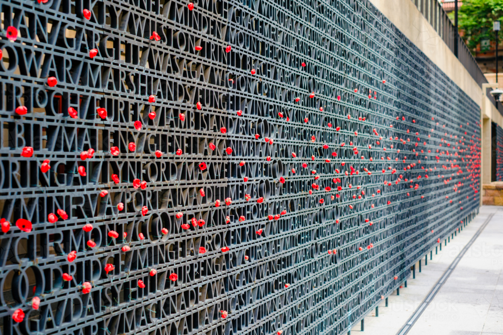 ANZAC Remembrance Wall with Poppies in Brisbane CBD - Australian Stock Image