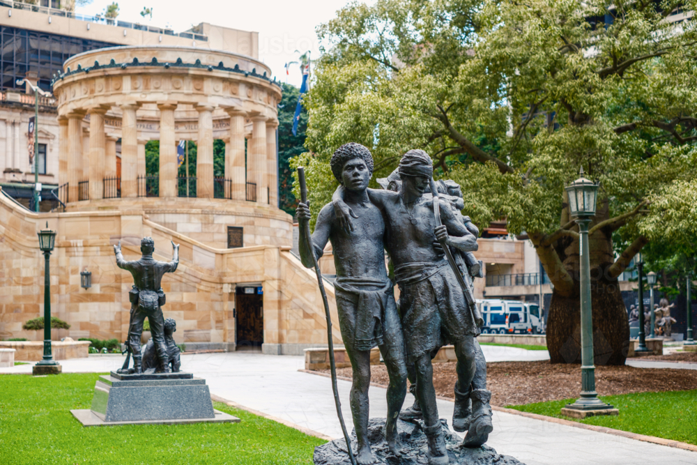 ANZAC Square with Eternal Flame and Statues in Brisbane CBD - Australian Stock Image