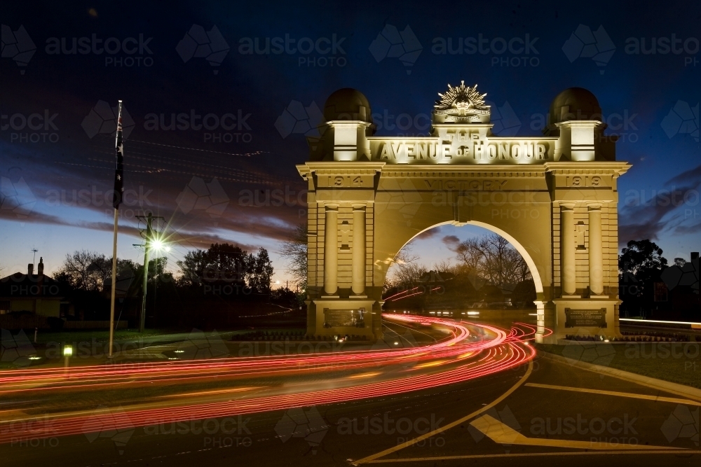 Arch of Victory and Avenue of Honor with tail light trail - Australian Stock Image