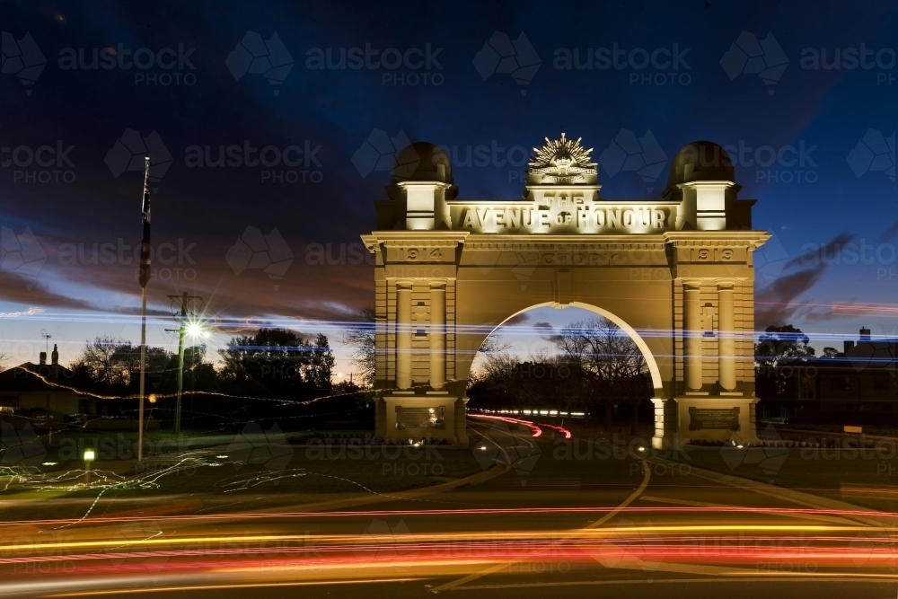 Arch of Victory and Avenue of Honor with tail light trail - Australian Stock Image