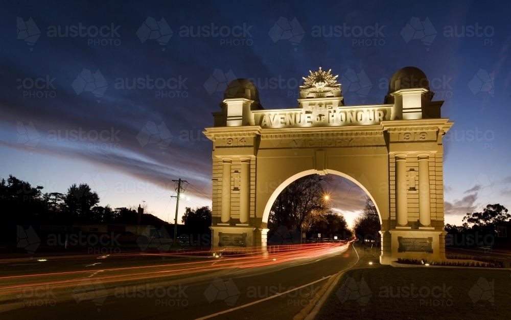 Arch of Victory and Avenue of Honour with tail light trail - Australian Stock Image