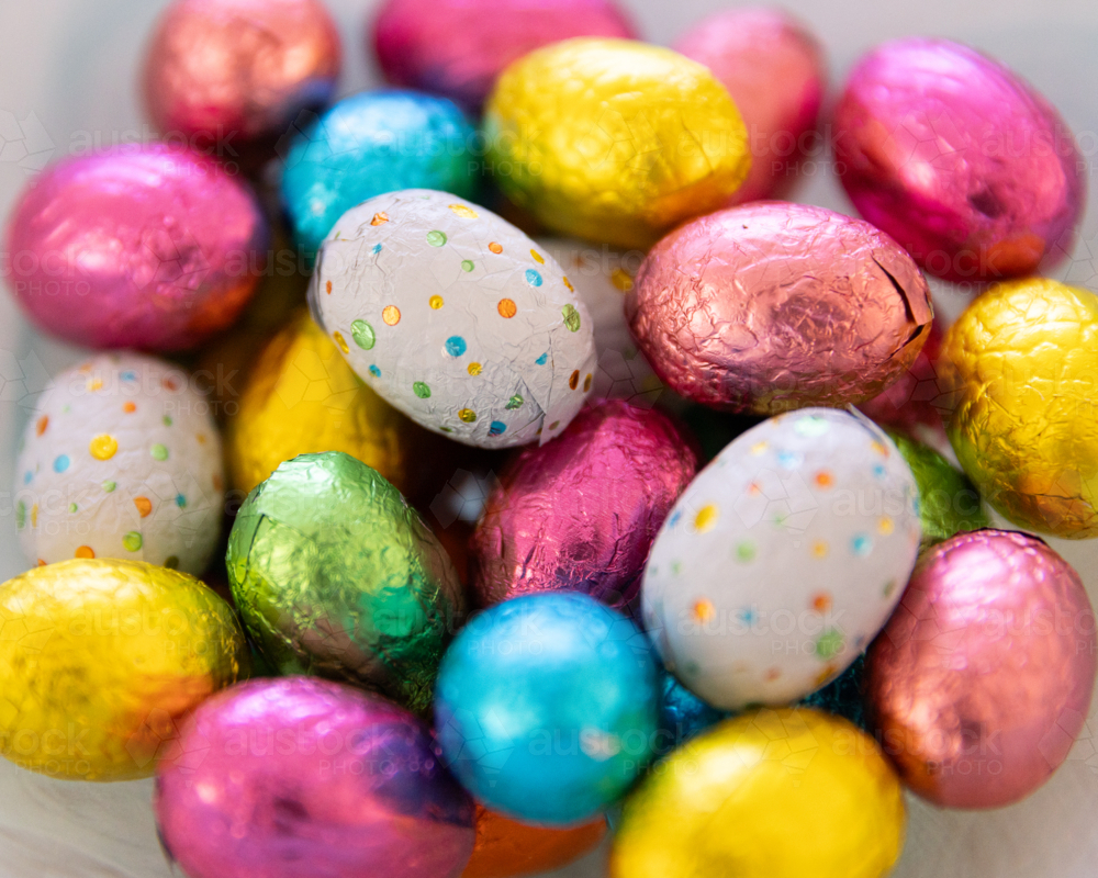assorted colourful Easter Eggs wrapped in foil - Australian Stock Image