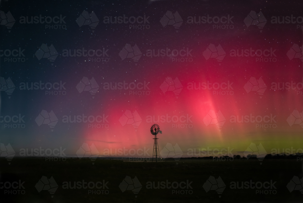 Aurora Australis with a windmill silhouette - Australian Stock Image