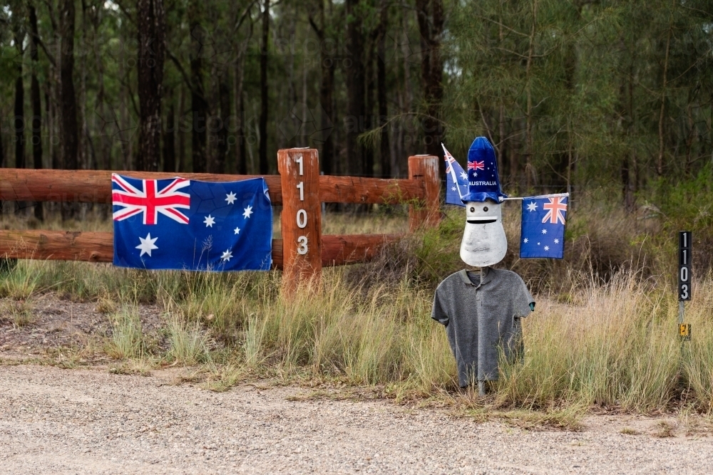 Aussie mailbox wearing hat with Australian flag on Australia day - Australian Stock Image