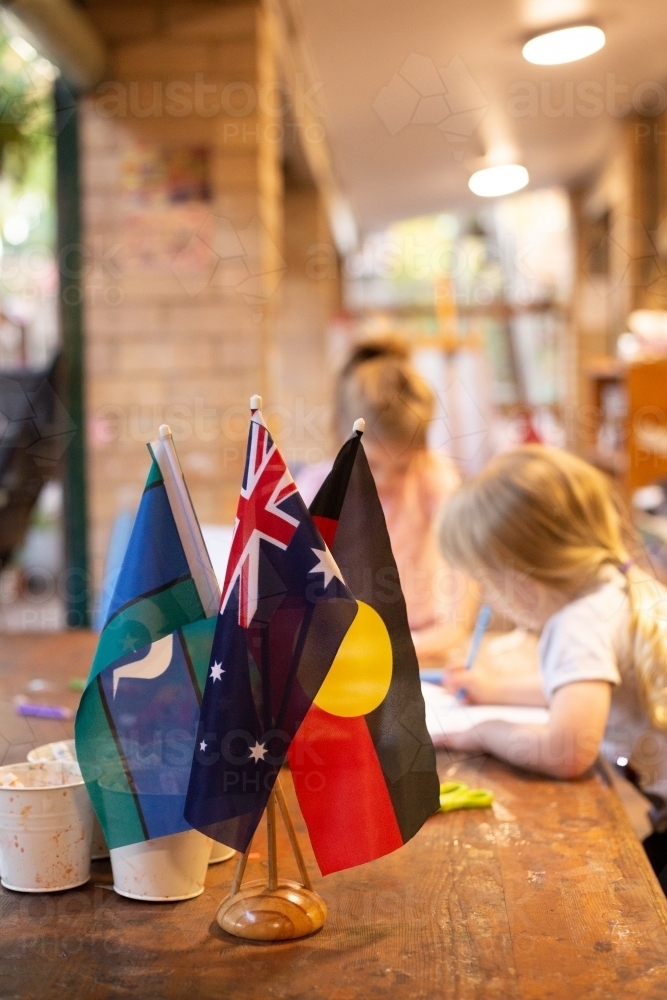 Australian, Aboriginal and Torres Strait Islander flags at a pre-school - Australian Stock Image
