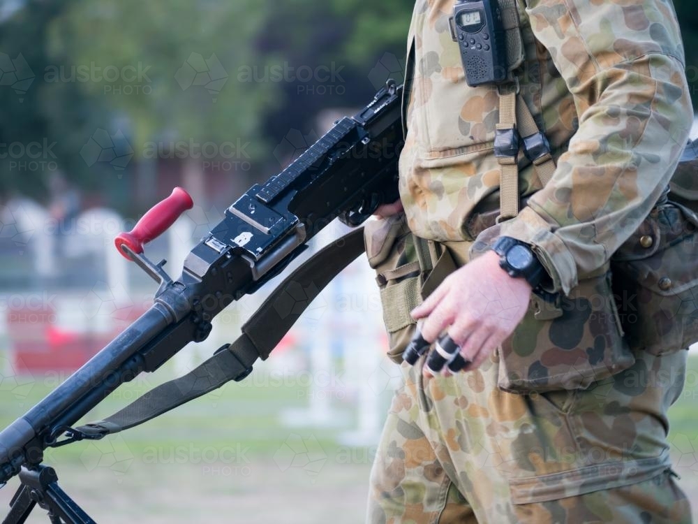 Australian Army Reserve Exercise - Close up of Soldier with Gun - Australian Stock Image