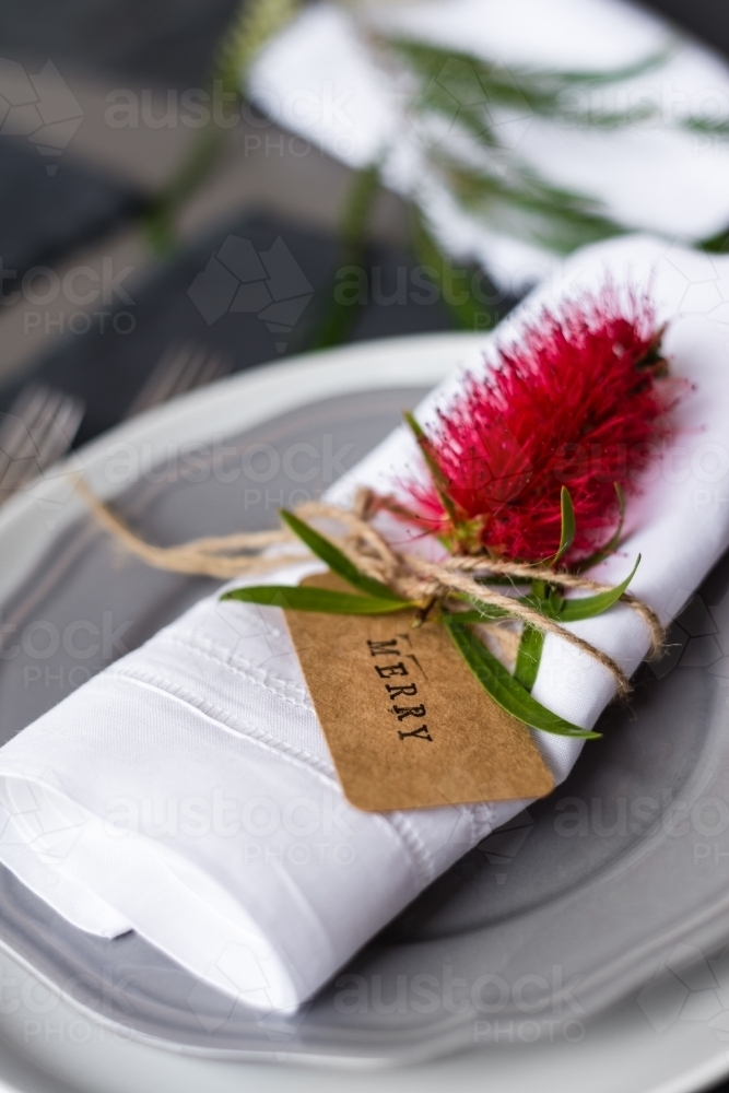 australian christmas tag with bottlebrush flower - Australian Stock Image