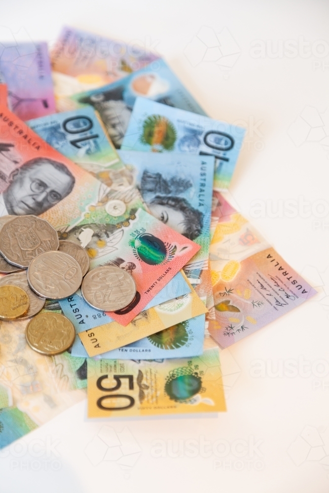 Australian currency, notes and coins, pay in cash - Australian Stock Image