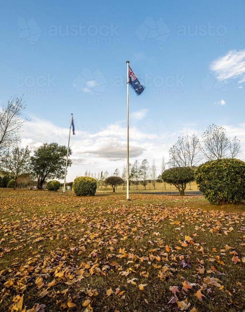Australian flag moving in breeze with autumn eaves under flag pole - Australian Stock Image