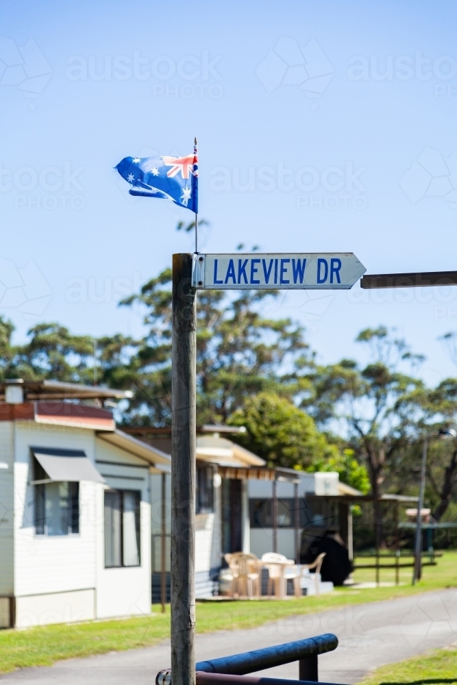 Australian flag on sign post for lakeview drive - Australian Stock Image