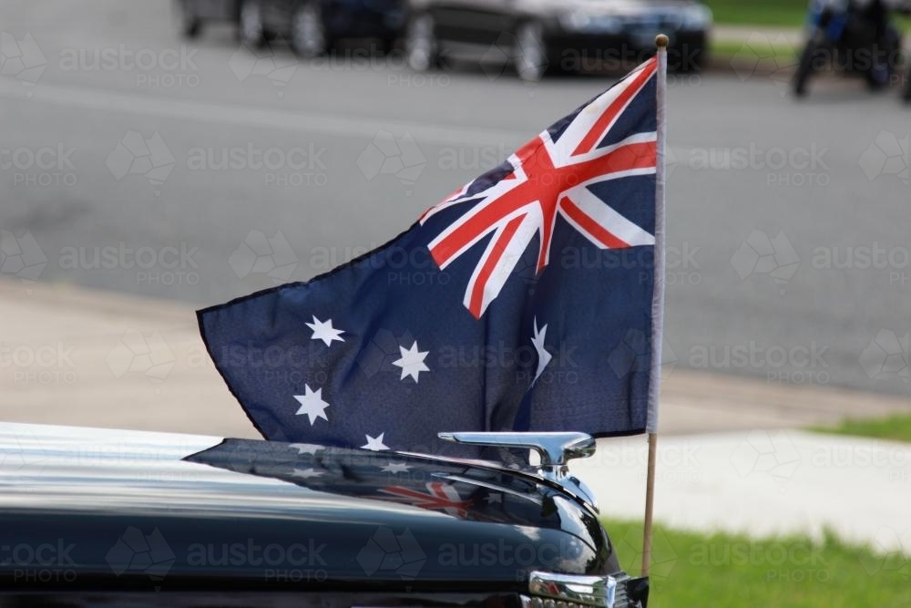 Australian Flag on the front of an old car - Australian Stock Image