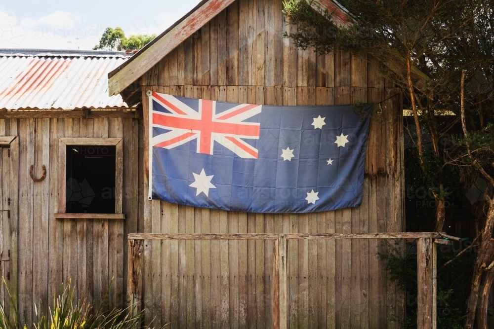 Australian flag on the side of a cabin - Australian Stock Image