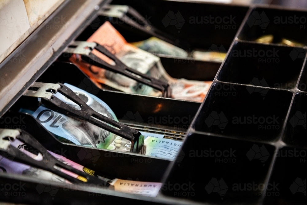 Australian money notes in till - Australian Stock Image