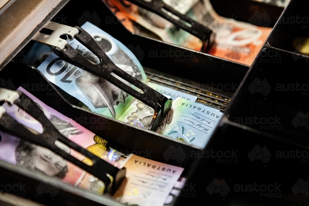 Australian money notes in till - Australian Stock Image