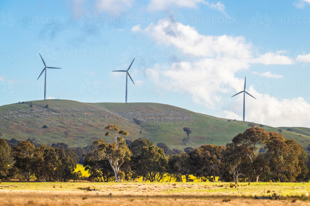 Australian sustainable energy wind turbines in rural Victoria viewed from the highway - Australian Stock Image