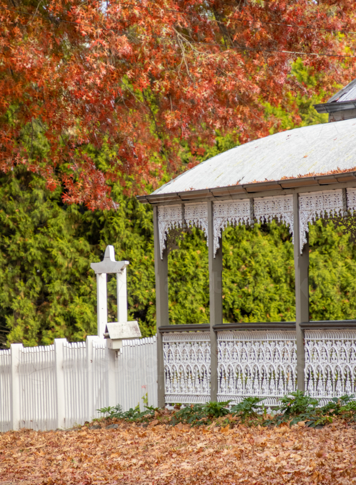 Autumn leaves and an old cottage with a corrugated iron roof and white balustrading - Australian Stock Image