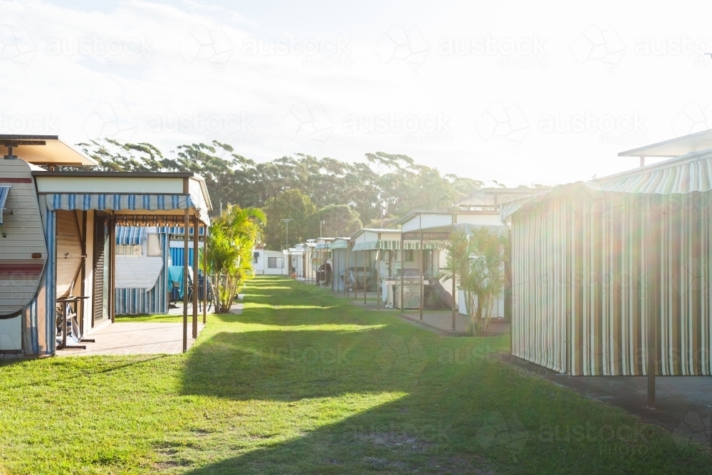 Awnings over holiday houses at caravan park - Australian Stock Image