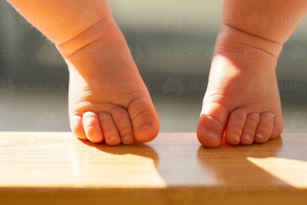 Image of Baby feet and toes resting on high chair foot rest Austockphoto