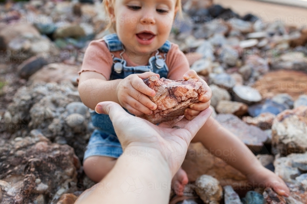 baby handing person a rock from stone garden rock collection - Australian Stock Image